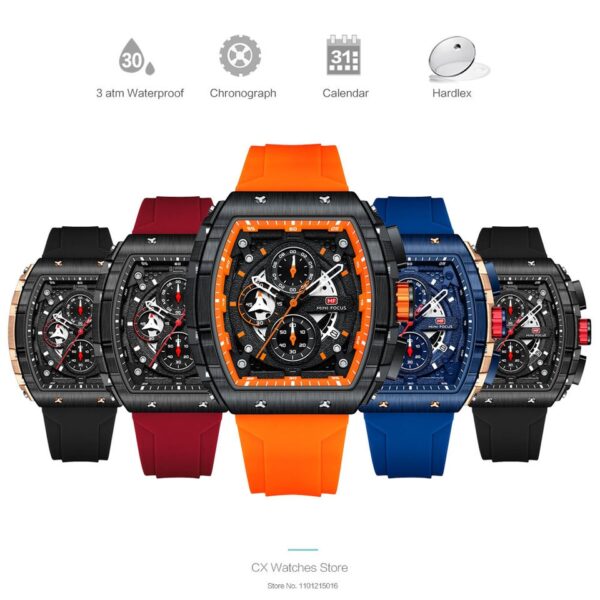 Chronograph Quartz Watch for Men Tonneau Dial Military Sport Wristwatch with Orange Silicone Strap Auto Date - Image 14