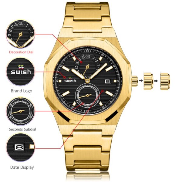 Fashion Octagonal Chronograph Quartz Watches Men Top Brand Luxury Golden Stainless Steel Wristwatch Man Waterproof 3ATM - Image 6