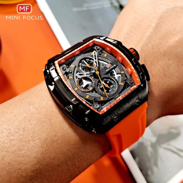 Chronograph Quartz Watch for Men Tonneau Dial Military Sport Wristwatch with Orange Silicone Strap Auto Date - Image 10