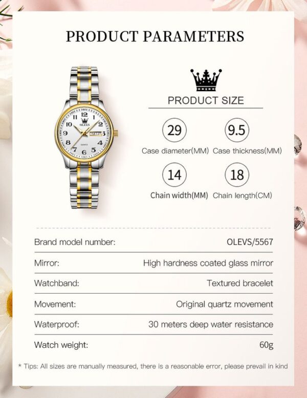 Luxury Quartz Watch for Women Elegant Stainless Steel Watch Luminous Waterproof Wristwatch Ladies Dress Watch - Image 3