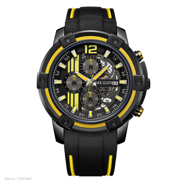 Men Sports Quartz Watch Yellow Chronograph with Black Silicone Strap Luminous Hands Waterproof 3 ATM Code 2097 - Image 8