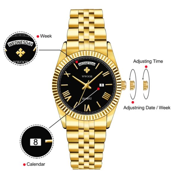 New Gold Watches Mens Luxury Stainless Steel With Calendar Warter proof Male Clock Week Quartz Wristwatch Relogio Masculino - Image 15