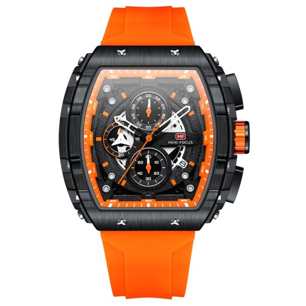 Chronograph Quartz Watch for Men Tonneau Dial Military Sport Wristwatch with Orange Silicone Strap Auto Date - Image 11